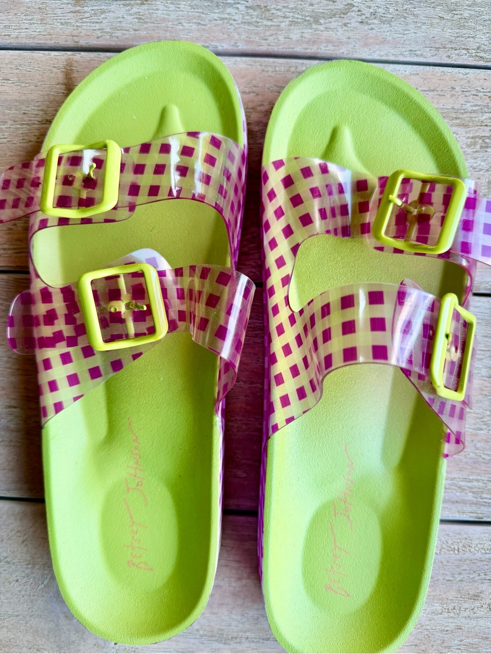 Betsey Johnson Lime Green and Pink Check Slide Sandals-New Without Box